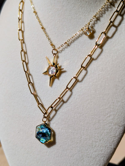 Blue Abalone Hexagon Pendant Chain Necklace