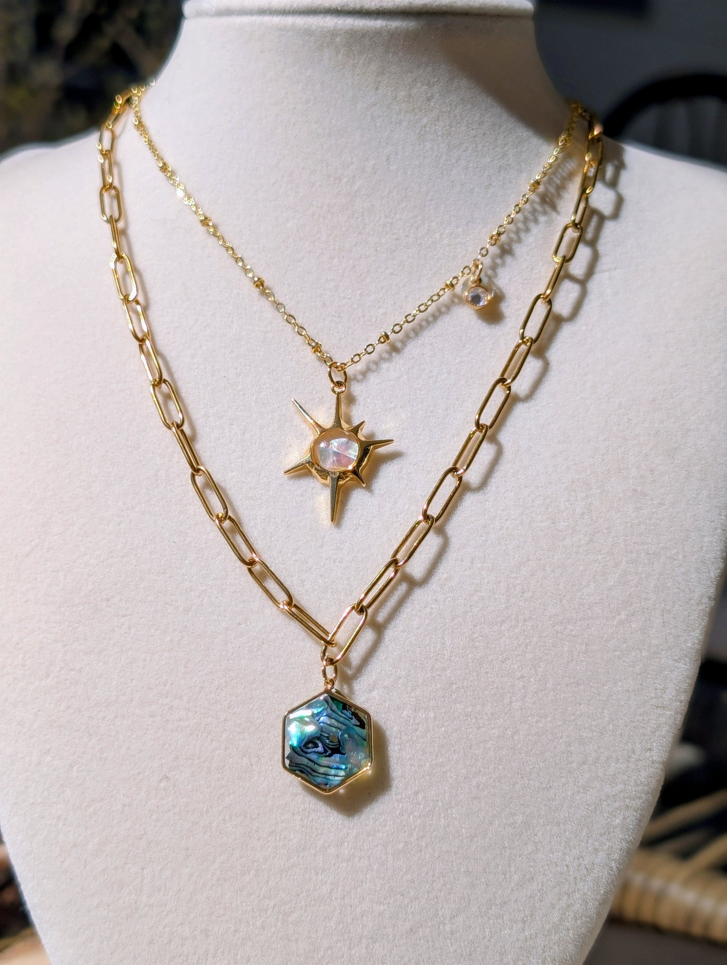 Blue Abalone Hexagon Pendant Chain Necklace