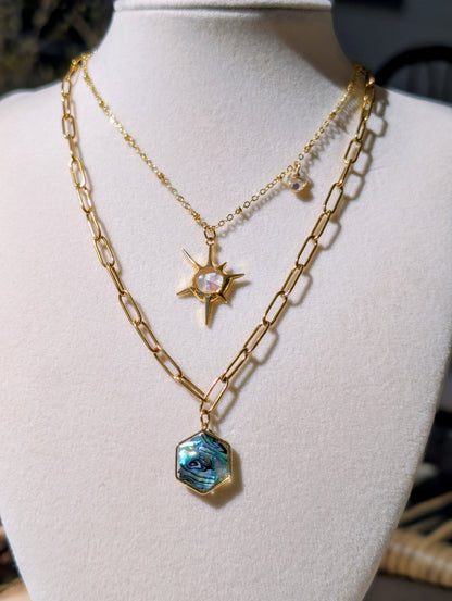 Blue Abalone Hexagon Pendant Chain Necklace