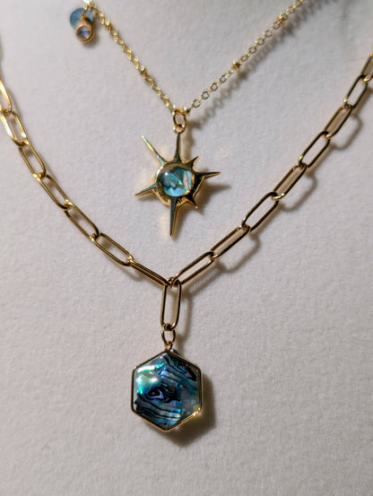 Blue Abalone Hexagon Pendant Chain Necklace