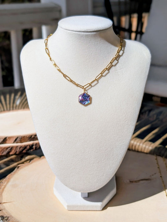 Purple Abalone Hexagon Pendant Chain Necklace