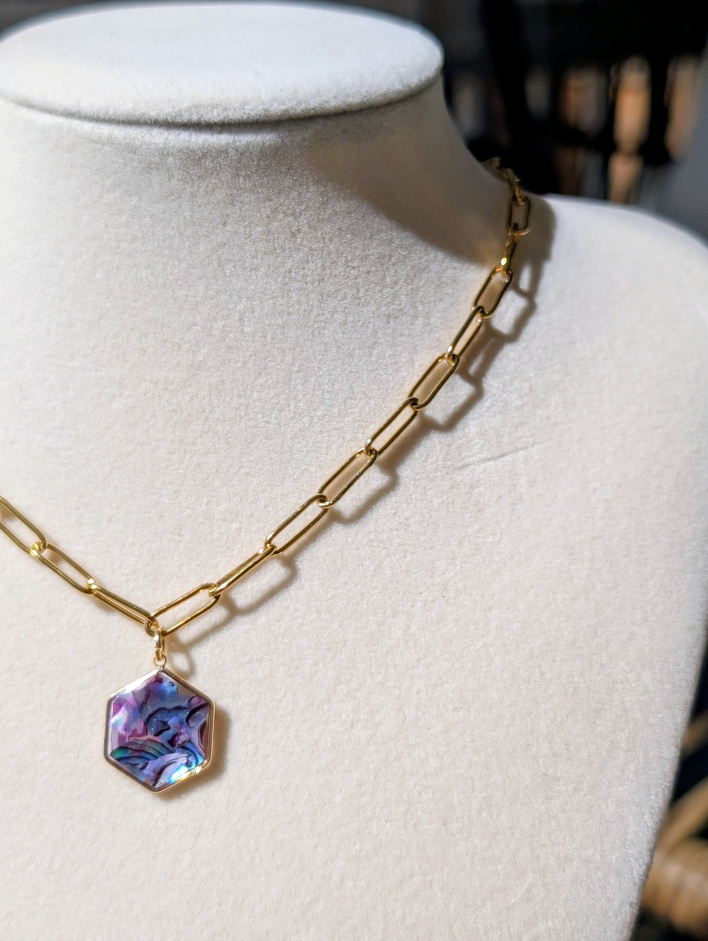 Purple Abalone Hexagon Pendant Chain Necklace