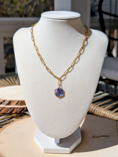 Purple Abalone Hexagon Pendant Chain Necklace