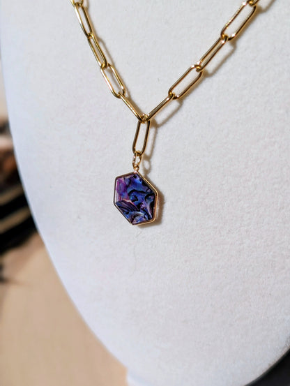 Purple Abalone Hexagon Pendant Chain Necklace