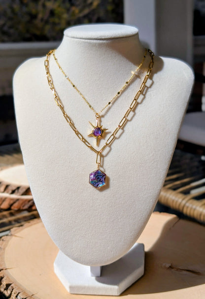 Purple Abalone Hexagon Pendant Chain Necklace