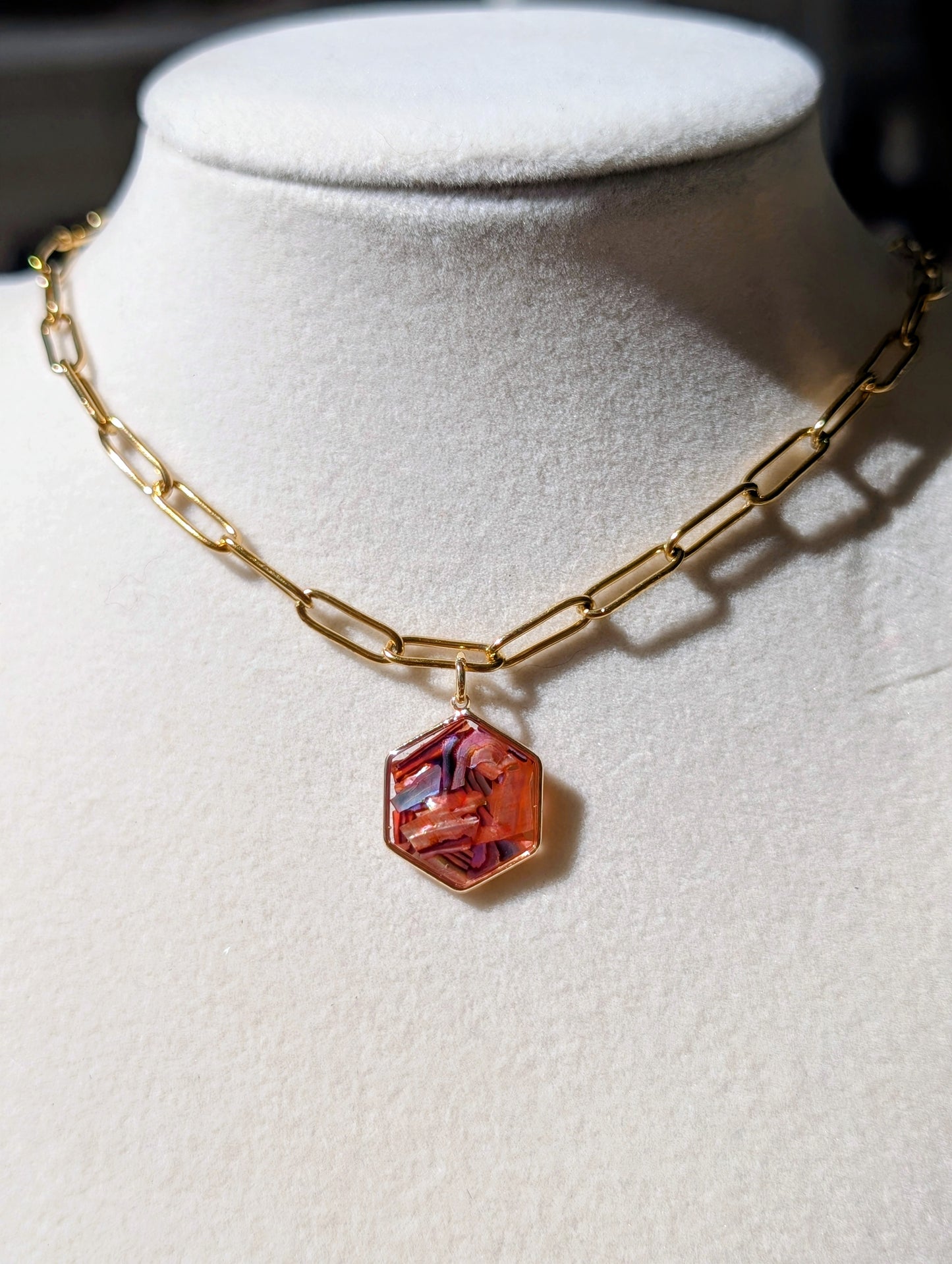 Copper Pink Abalone Hexagon Pendant Chain Necklace