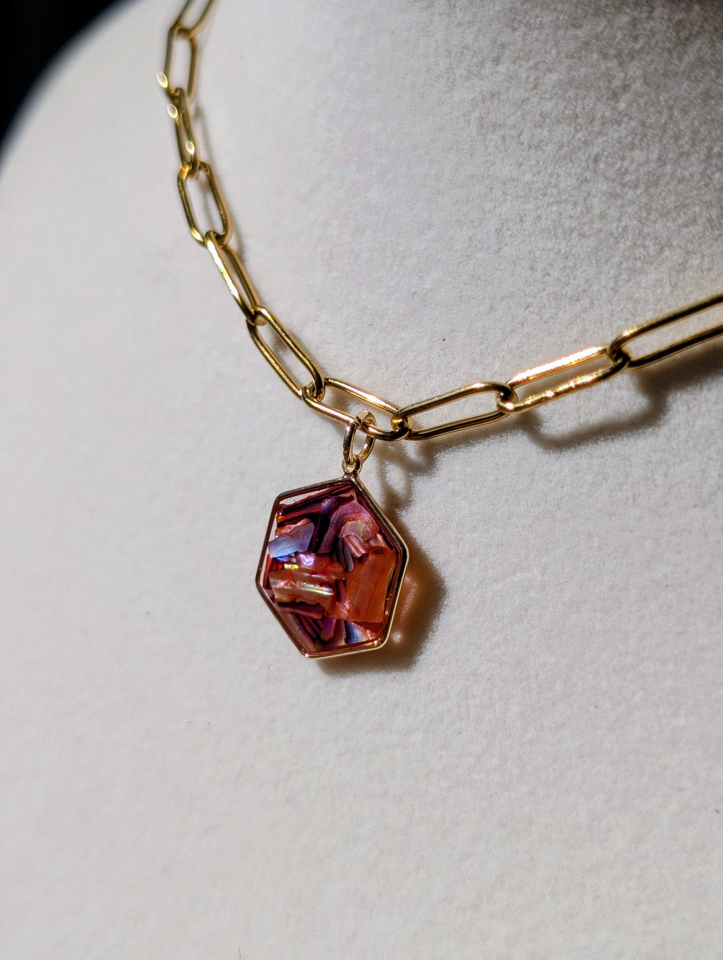 Copper Pink Abalone Hexagon Pendant Chain Necklace