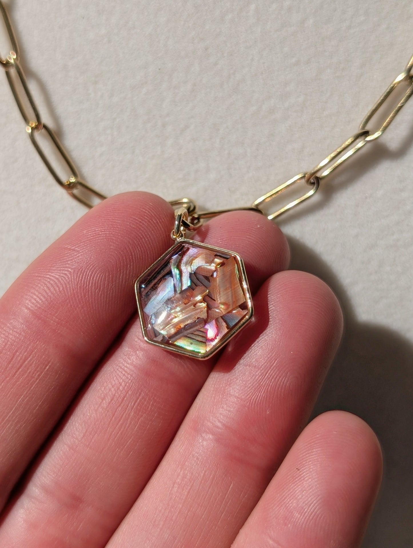 Copper Pink Abalone Hexagon Pendant Chain Necklace