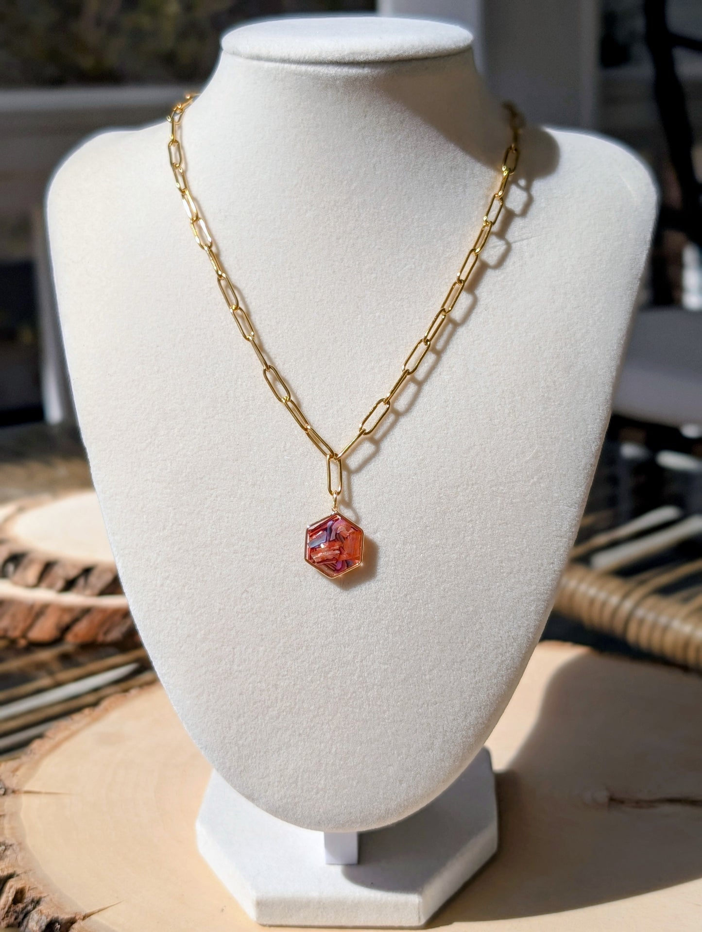 Copper Pink Abalone Hexagon Pendant Chain Necklace