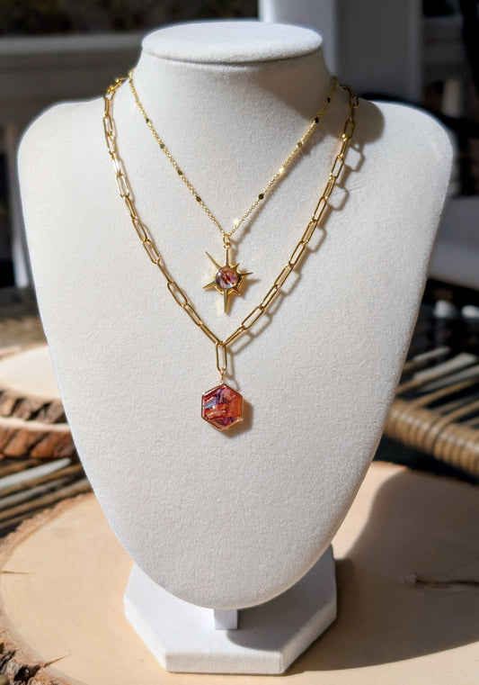 Copper Pink Abalone Hexagon Pendant Chain Necklace