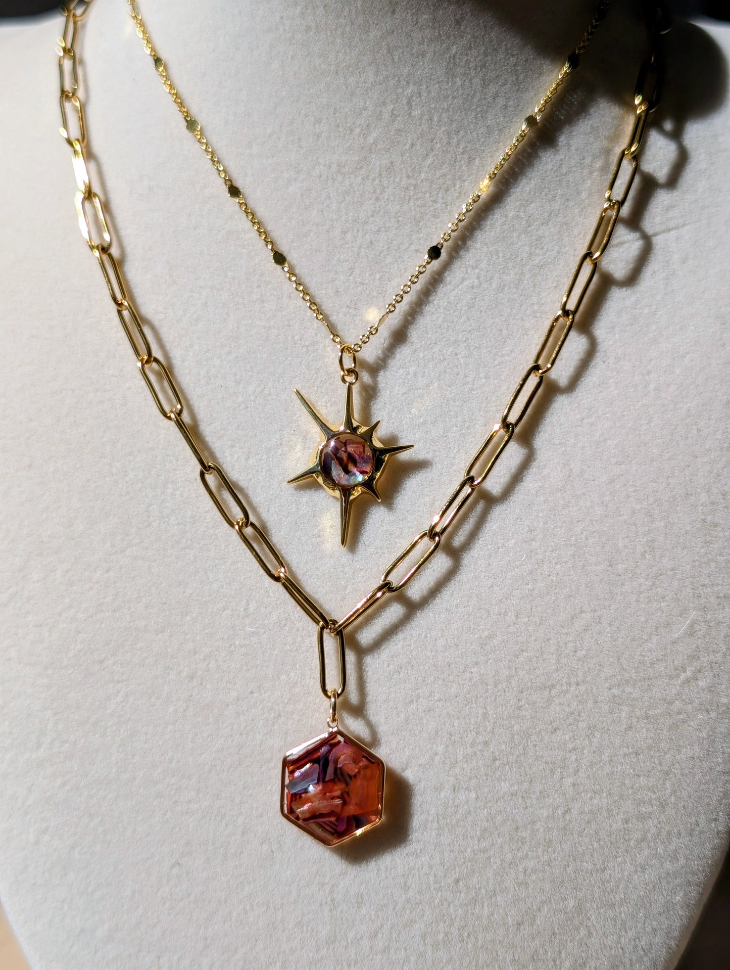 Copper Pink Abalone Hexagon Pendant Chain Necklace
