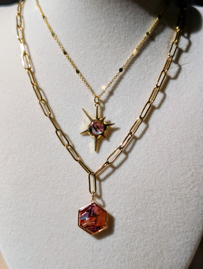Copper Pink Abalone Hexagon Pendant Chain Necklace