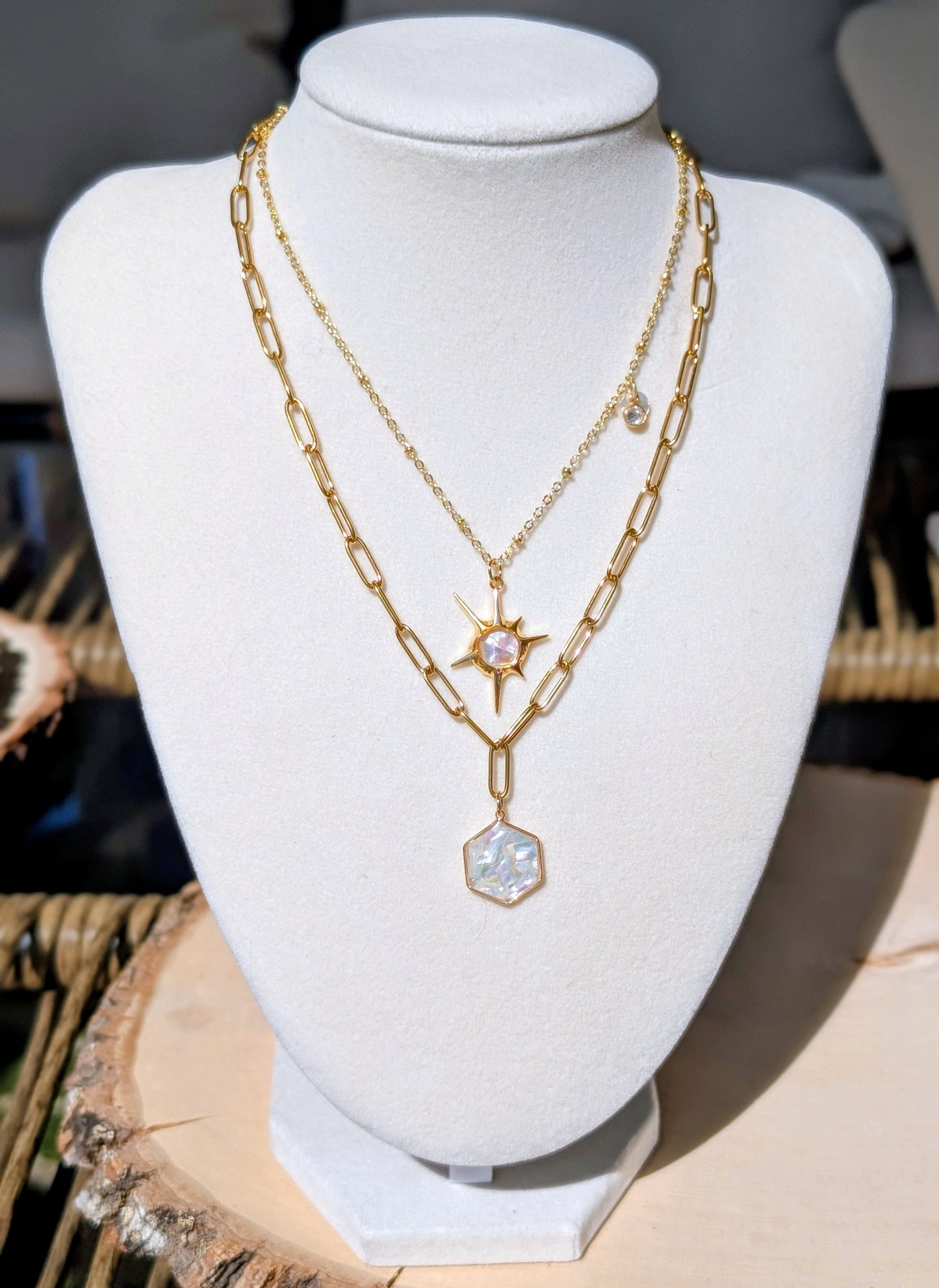 Mother of Pearl Abalone Hexagon Pendant Chain Necklace