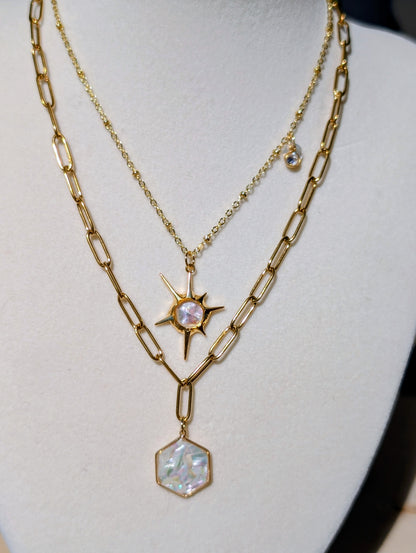 Mother of Pearl Abalone Hexagon Pendant Chain Necklace