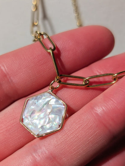 Mother of Pearl Abalone Hexagon Pendant Chain Necklace