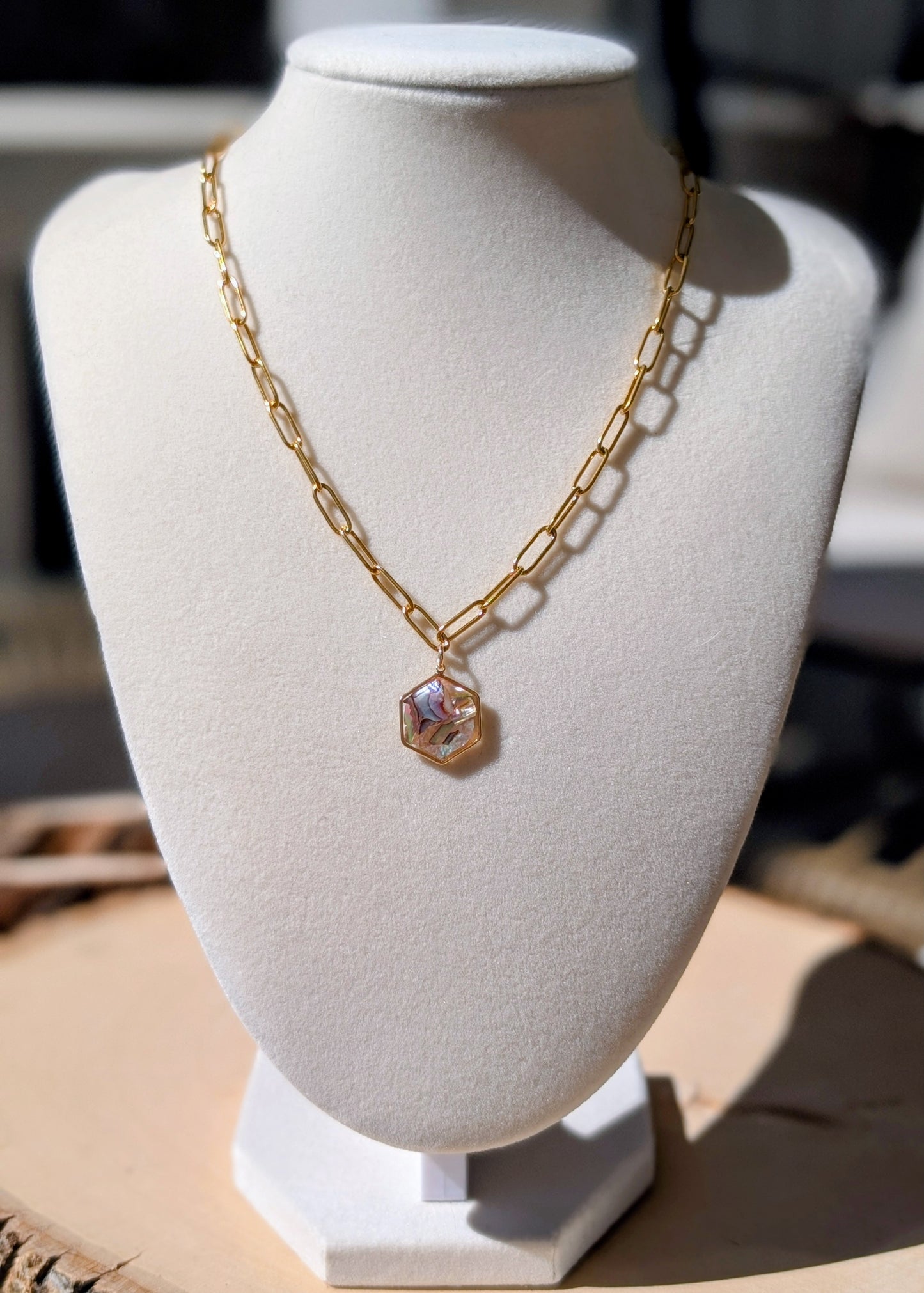 Peacock Abalone Hexagon Pendant Chain Necklace