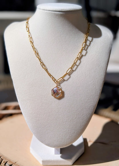 Peacock Abalone Hexagon Pendant Chain Necklace