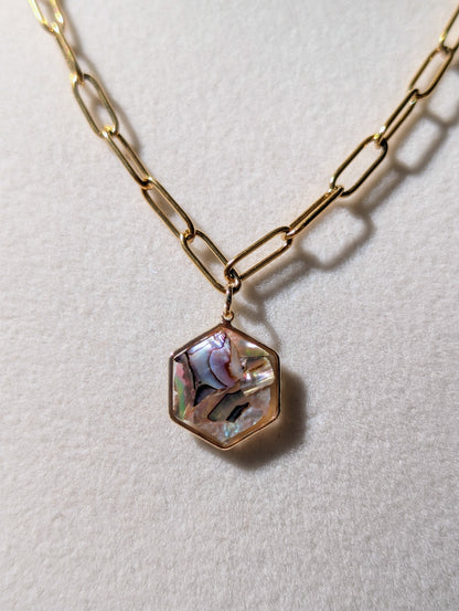 Peacock Abalone Hexagon Pendant Chain Necklace