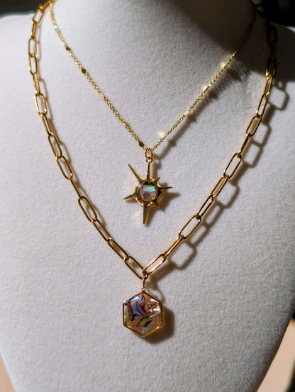 Peacock Abalone Hexagon Pendant Chain Necklace