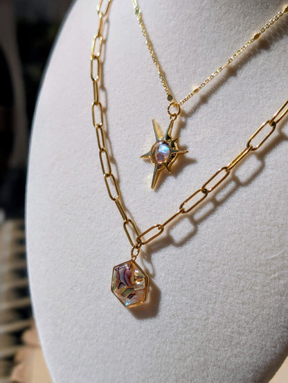 Peacock Abalone Hexagon Pendant Chain Necklace
