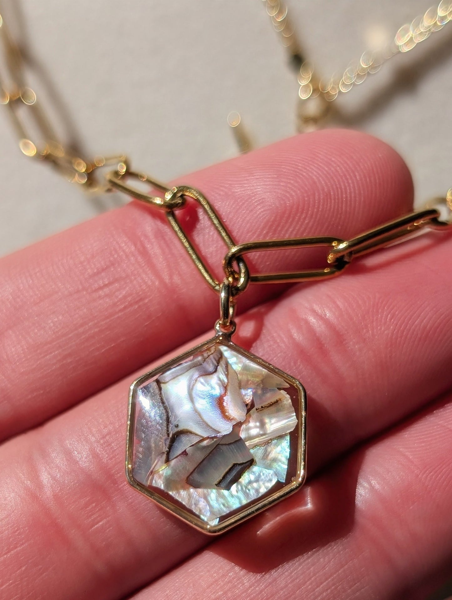 Peacock Abalone Hexagon Pendant Chain Necklace