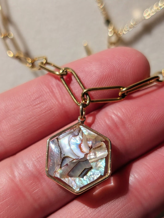 Peacock Abalone Hexagon Pendant Chain Necklace