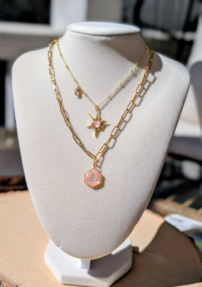 Peach Abalone Hexagon Pendant Chain Necklace