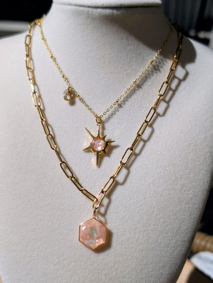 Peach Abalone Hexagon Pendant Chain Necklace