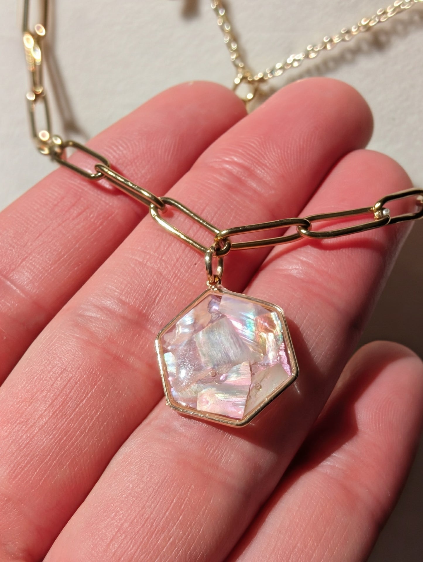 Peach Abalone Hexagon Pendant Chain Necklace