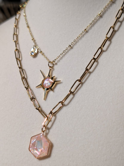 Peach Abalone Hexagon Pendant Chain Necklace