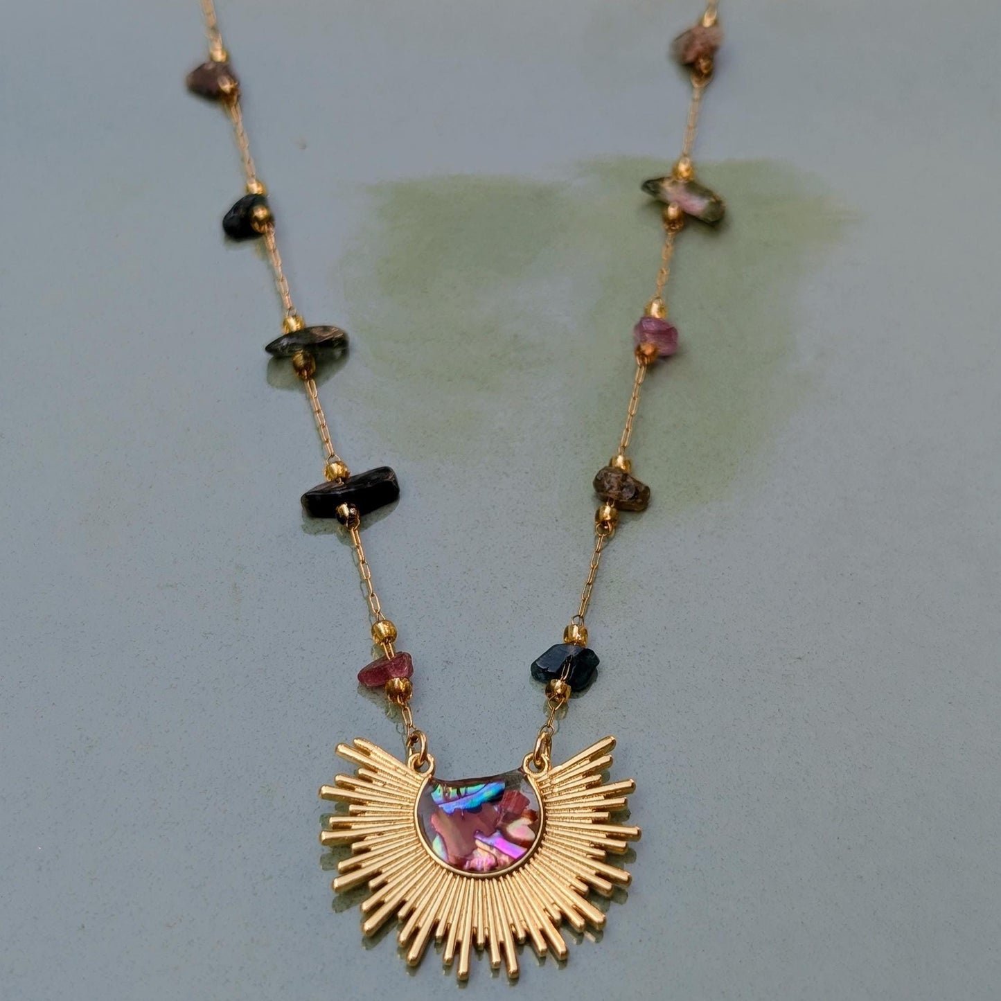 18K Gold Abalone Necklace with Sunburst Pendant Iridescent Abalone Shell Gemstone Chain Black Pink Tourmaline Handmade Elegant Jewelry Gift