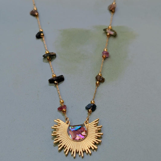 18K Gold Abalone Necklace with Sunburst Pendant Iridescent Abalone Shell Gemstone Chain Black Pink Tourmaline Handmade Elegant Jewelry Gift