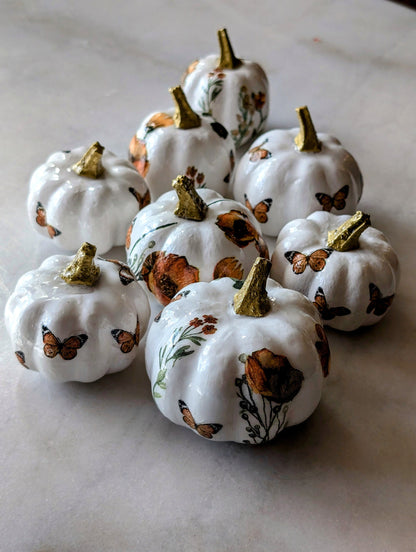 Mini Pumpkin Fall Decor Thanksgiving Table Autumn Centerpiece Hostess Gift Gold Accent Halloween Ornament Seasonal Artisan Craft Handmade Decoupage Small Space Decor Holiday Centerpiece Unique Gift Idea