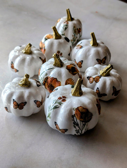 Mini Pumpkin Fall Decor Thanksgiving Table Autumn Centerpiece Hostess Gift Gold Accent Halloween Ornament Seasonal Artisan Craft Handmade Decoupage Small Space Decor Holiday Centerpiece Unique Gift Idea