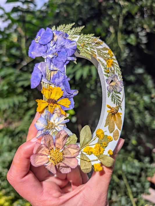 Personalized Wooden Letter Nursery Wall Decor Custom Initial Design Pressed Flower Accent White Wood Construction Purple Pink Yellow Blue Blooms Baby Girl Room Decoration Handcrafted Floral Pattern Keepsake Quality Gift Beautiful Hanging