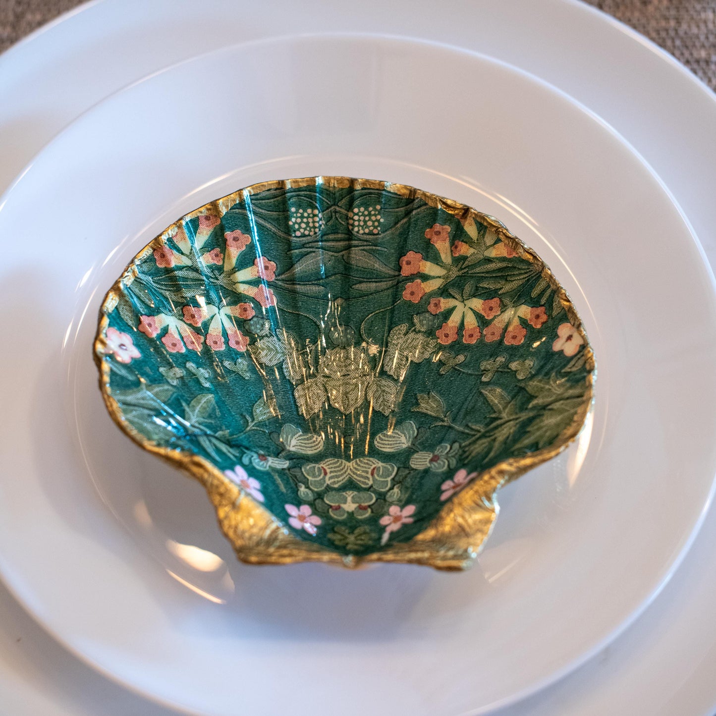 Trinket Dish Jewelry Dish Decorative Catchall Art Nouveau Decor Floral Design Sea Shell Craft Handmade Gift Vintage Home Decor Teal Pink Decor Mothers Day Gift