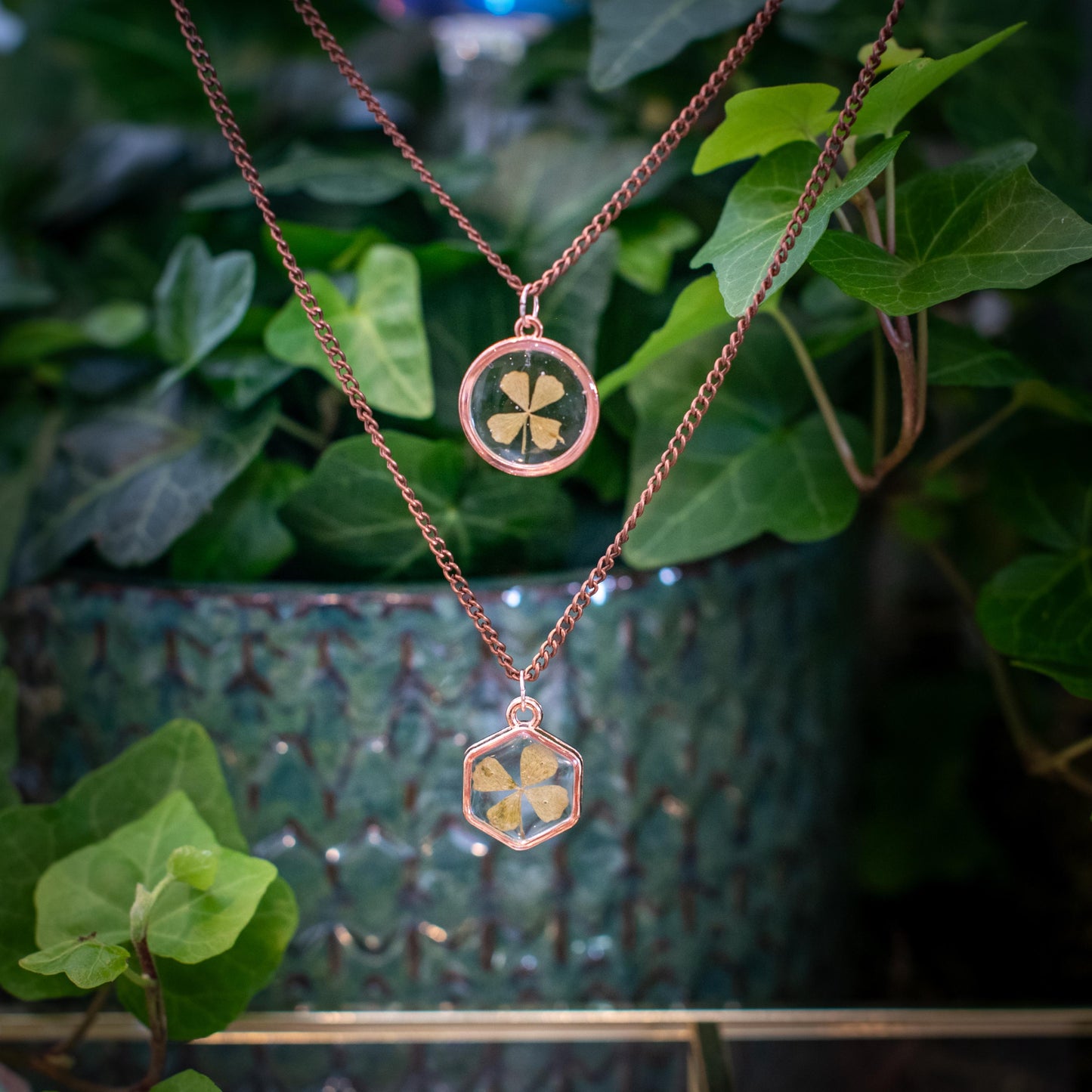 Four Leaf Clover Necklace Real Four Leaf Clover Jewelry Resin Necklace Rose Gold Necklace Hexagon Necklace Nature Jewelry Lucky Charm Necklace Valentines Day Gift Birthday Gift