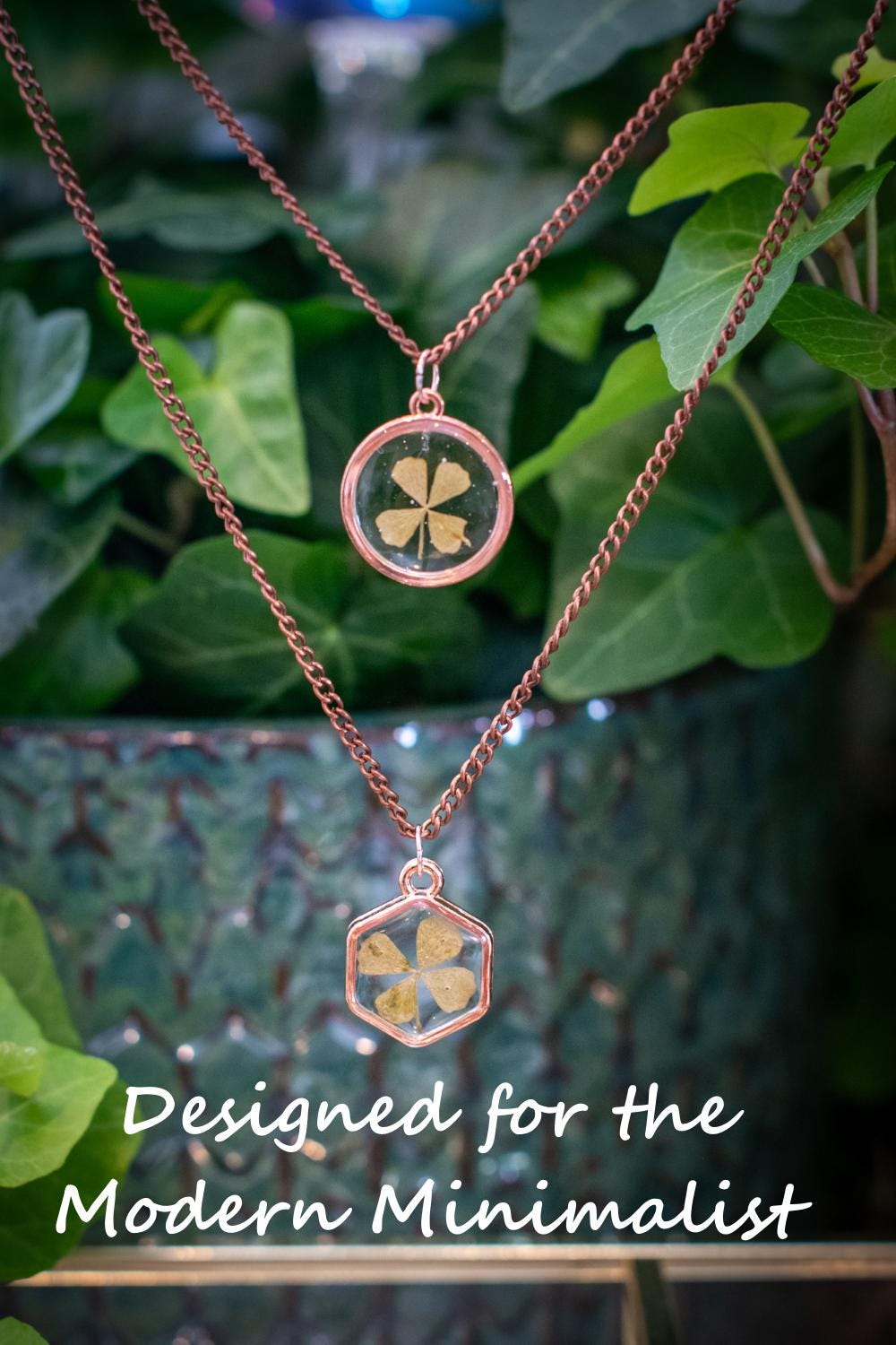 Real Four-Leaf Clover Necklace Lucky Charm Nature Rose Gold Jewelry Gift Valentines Galentines Birthday Circle Resin Pendant Necklace Charm