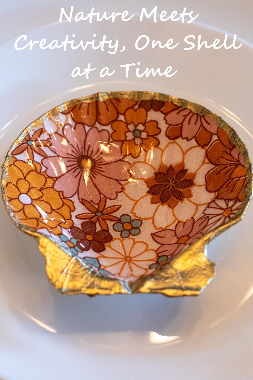 Pink and orange floral decoupage shell dish with gold leaf details perfect for bridal shower favor seaside wedding gift ocean-inspired home accent