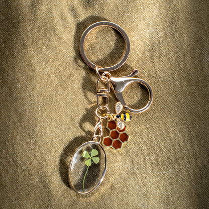 Gold Bee Keychain for Bee Lovers Garden Gift Irish Luck Lucky Charm Four Leaf Clover Keychain Gold Honeycomb Bee Gift Handmade Special Set