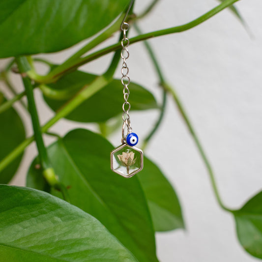 Rose Home Decoration Brass Evil Eye Charm Preserved White Rose Display Piece Graduate Gift New Home Present Protection Symbol Bedroom Accent Modern Design Hexagonal Shape Blue Stone Detail Resin Encased Floral Art Spiritual Decor Collection