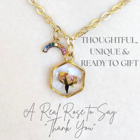 Pride Rainbow Jewelry Gold Brass Chain Necklace Real Rose Bud Pendant Hexagonal Design Pride Month Collection LGBTQ Gift Idea Delicate Fashion Accessory Pink Gold Charm Beautiful Nature Inspired Pride Celebration Wear Statement Piece