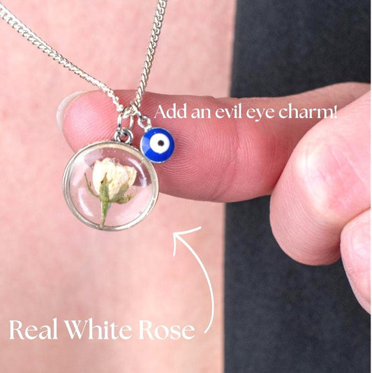 Evil Eye Protection Necklace Preserved Rose Pendant Brass Chain Summer Jewelry Collection White Flower Resin Design Botanical Fashion Accessory Delicate Chain Length Custom Handcrafted Nature Inspired Gift Women Birthday Present Beautiful