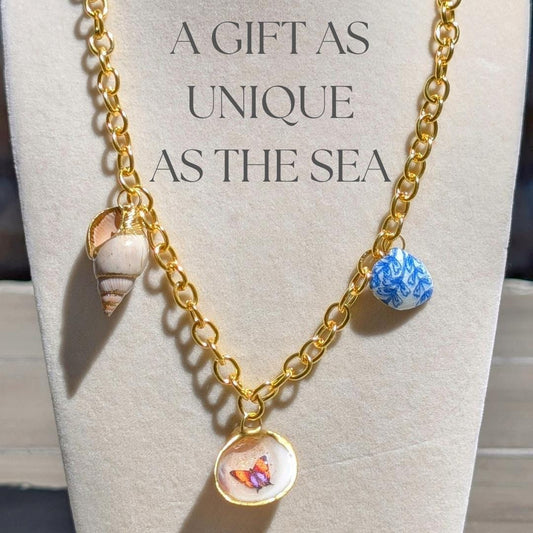 Nautical Summer Necklace Gold Shell Collection Beach Wedding Jewelry Coastal Design Handcrafted Seashell Charm Tropical Ocean Style Brass Chain Summer Fashion Essential Hand Painted Details Butterfly Accent Beautiful Beach Wedding Accessory