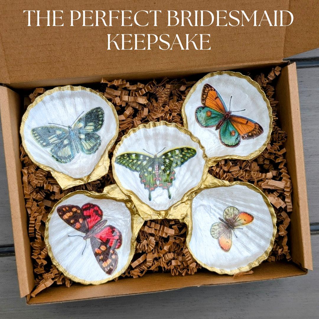 Coastal bridesmaid gift idea butterfly shell trinket trays botanical bachelorette party favors boho cottagecore decor