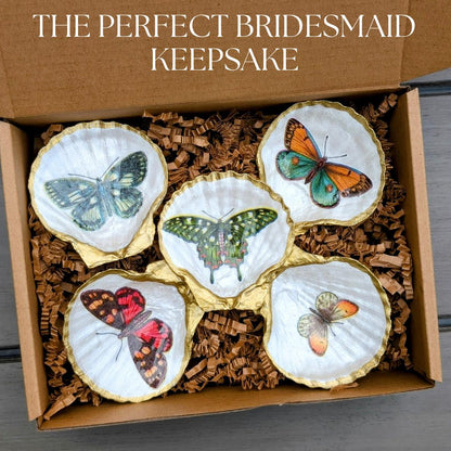 Coastal bridesmaid gift idea butterfly shell trinket trays botanical bachelorette party favors boho cottagecore decor