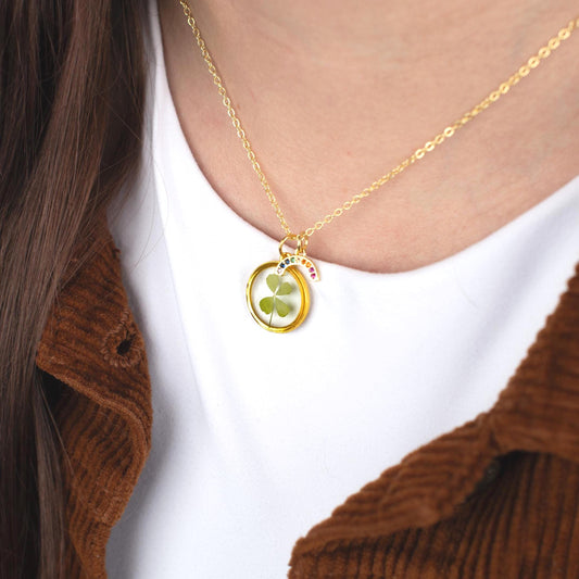 Travel Manifestation Pendant Lucky Four Leaf Clover Necklace Gold Plated Chain Rainbow Diamond Charm Protection Jewelry Boho Style Crystal Energy Personal Growth Gift Graduation Present Birthday Gift New Journey Beginning Special Occasion