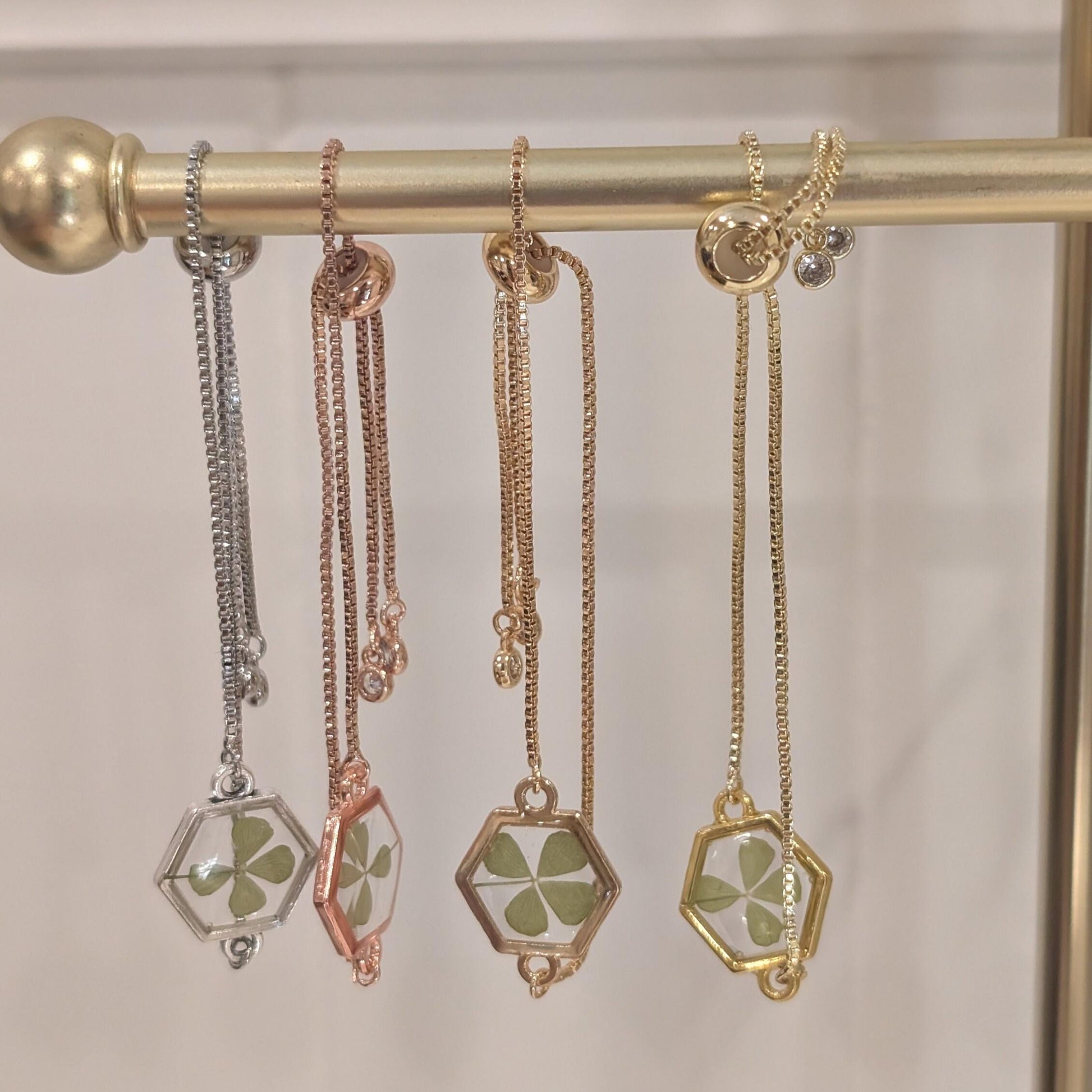 Four Leaf Clover Jewelry Collection Protection Charm Bracelet Lucky Pendant Design Graduation Gift Present Student Success Token Titanium Chain Option Real Preserved Clover Multiple Metal Colors Perfect Keepsake Essential Gift Set