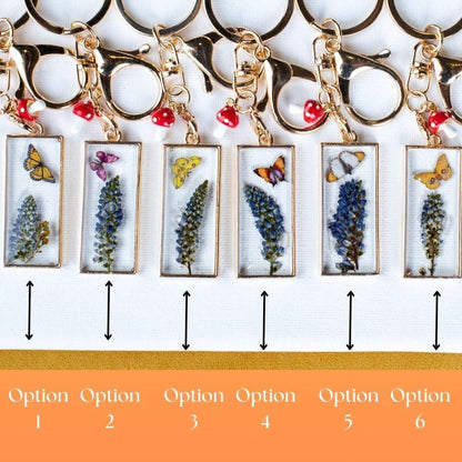 Fairy Garden Pendant Preserved Flower Charm Gold Tone Design Butterfly Lavender Detail Nature Inspired Collection Cottage Style Aesthetic Mushroom Accent Beautiful Bag Accessory Resin Art Piece Unique Gift Item Botanical Decoration