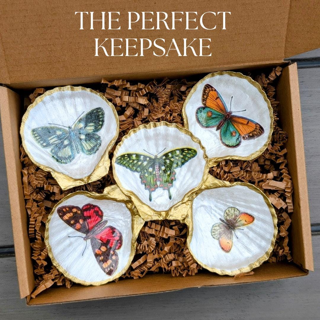 Handmade butterfly shell favor for bridal shower botanical decor dish coastal keepsake for guests trinket tray gift idea